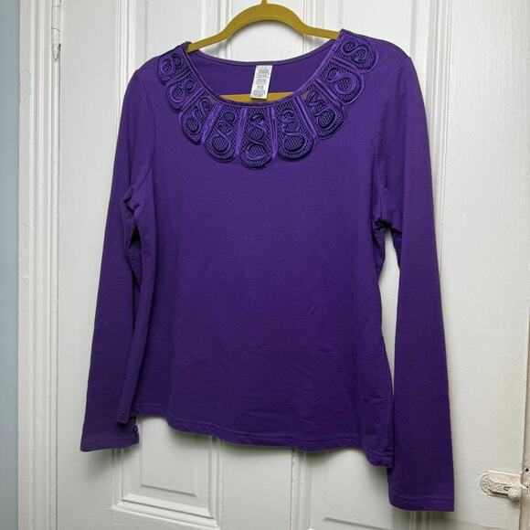 Artsy Purple Long Sleeve Shirt Womens Cotton Blend Embroidered Collar Large - Picture 1 of 7